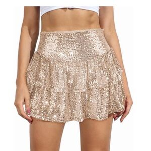 New Women Large Sequin Ruffle Mini Skirt Sparkly High Waist Lined Layered